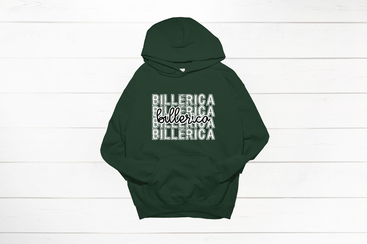 Billerica stacked text with script overlay hooded sweatshirt