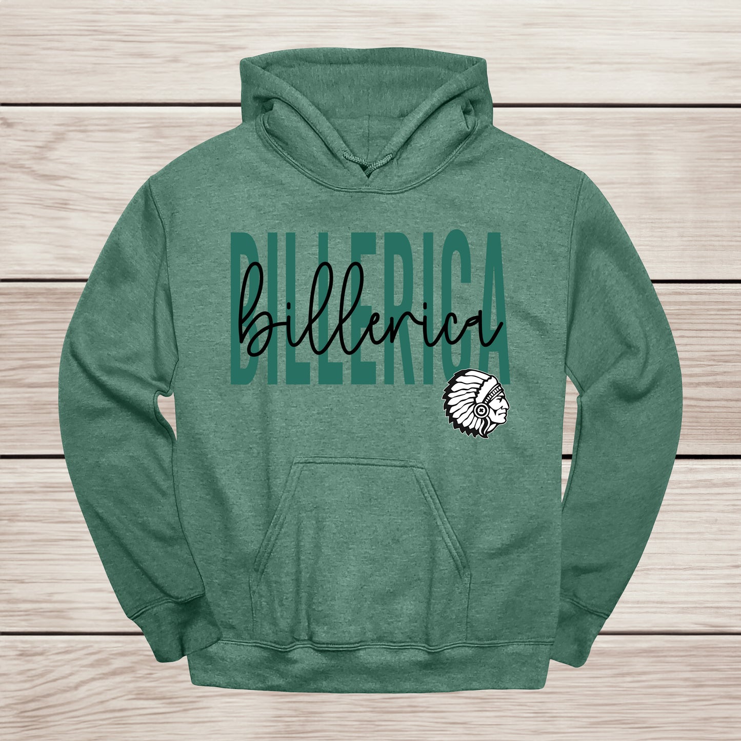 Billerica tall text with script overlay hooded sweatshirt
