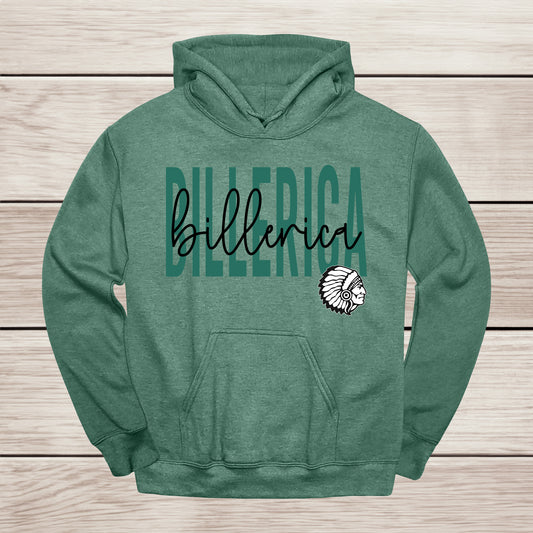 Billerica tall text with script overlay hooded sweatshirt