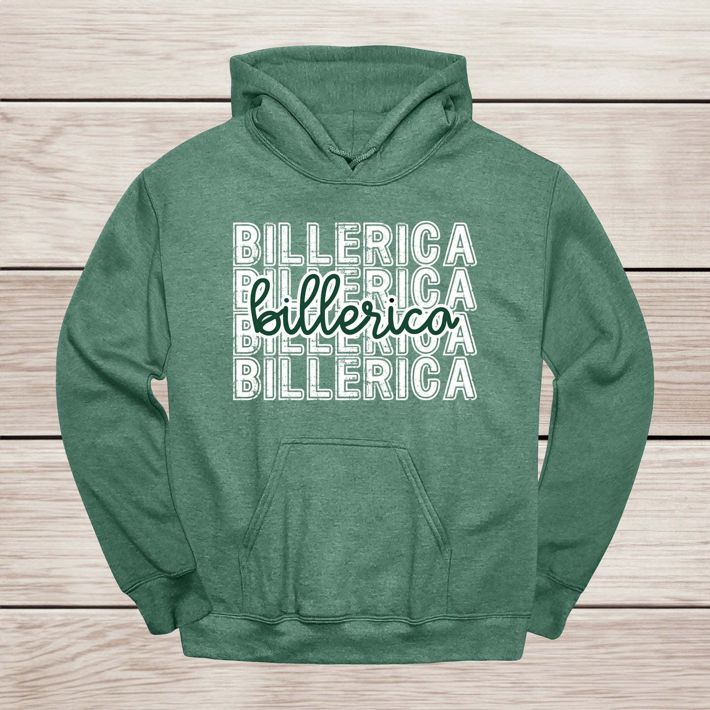 Billerica stacked text with script overlay hooded sweatshirt