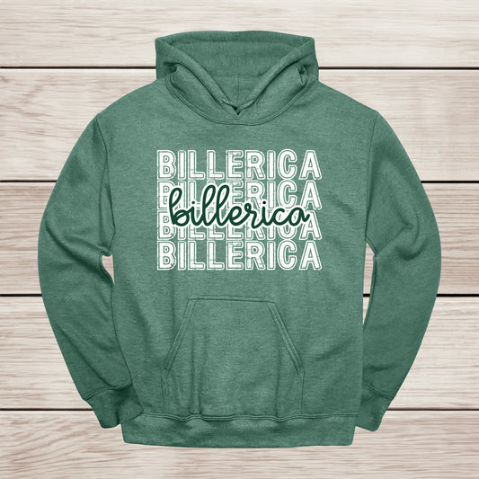 Billerica stacked text with script overlay hooded sweatshirt