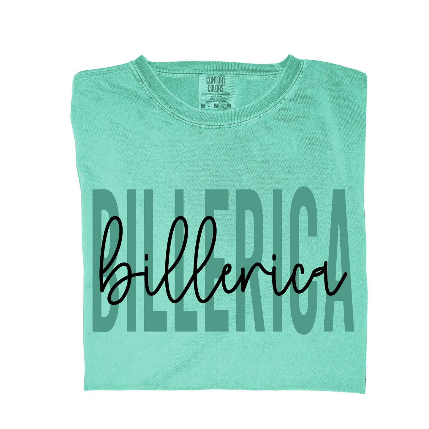 Billerica tall text with script overlay t-shirt