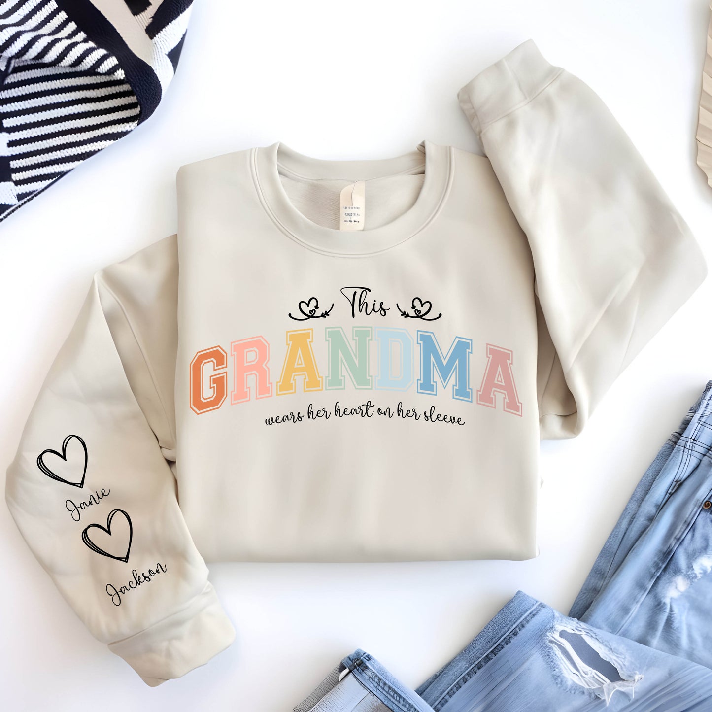 Heart on her sleeve crew neck sweatshirt