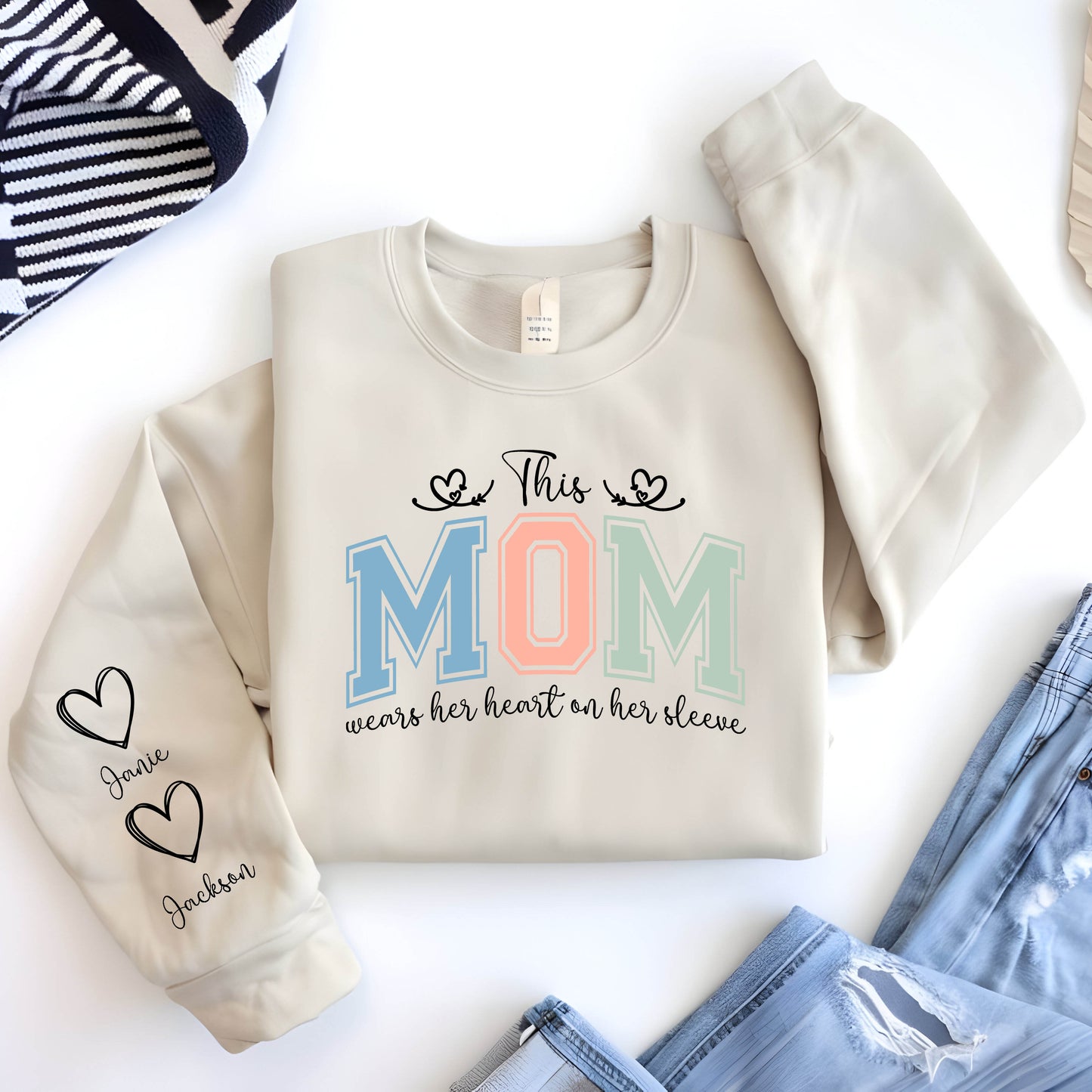 Heart on her sleeve crew neck sweatshirt